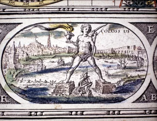 Representación de las Siete Maravillas de la Antigüedad: el Coloso de Rodas. en el Atlas de Jansson Jannsonius impreso en Ámsterdam en 1630. Colección privada.