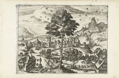 Paisaje con un pueblo en un río Paisajes, paisajes marinos y paisajes urbanos imaginativos (título de la serie)