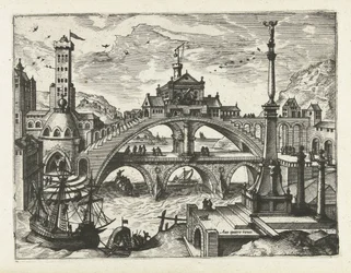 Ciudad con puente construido Paisajes, paisajes marinos y paisajes urbanos imaginativos (título de la serie)