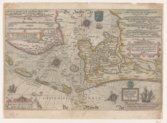 Mapa de Vlie y Marsdiep Descripciónhe vande vermaerde stroemen, Tvlie and the Tmaersdiep, upstreckende In the Zuijder Zee navegó en Enchuijsen a Amstelredam, con todas las placas de arena y las aguas poco profundas en el selve stroemen gheleghen (título so