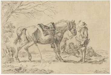 Jinete al lado de un caballo meando