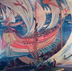 El barco de la Nau, detalle de un cuadro que representa la expansión catalana en el Mediterráneo durante el siglo XIII (pintura al fresco)
