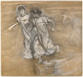 Sin título (Dos chicas de blanco corriendo del brazo)
