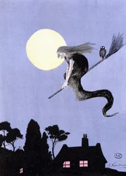 Las brujas, si creemos las leyendas, fueron las primeras en practicar la aviación (bruja en su escoba) - en "Las aventuras de la aviación" de Xandaro