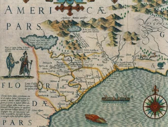 Costa de Carolina del Norte, detalle del mapa titulado Virginiae item et Floridae del Atlas Mercator... de 1606, publicado por Jodocus Hondius, 1619