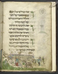 MS Add. 14762, fol. 15r, el Éxodo y el cruce del mar Rojo, de la «Hagadá asquenazí», hacia 1460