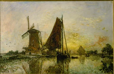 Barcos y molinos en Holanda (óleo sobre lienzo)