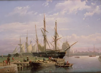 Barcos de vela holandeses anclados en un estuario