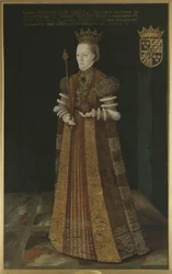 Margarita Lejonhufvud, reina consorte de Suecia, segunda esposa de Gustavo I Vasa - Reina Margarita Leijonhufvud de Suecia (1516-1551), por Uther, Johan Baptista van (activo 1562-1597). Óleo sobre lienzo. Tamaño: 195x121 cm. Museo Nacional de Estocolmo