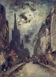 La Rue St. Jacques con la iglesia St. Séverin a la luz de la luna