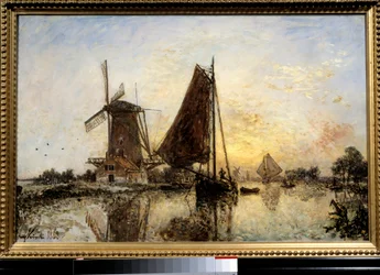 Paisaje holandés, barcos cerca del molino