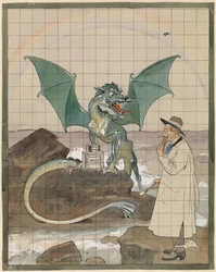 Artista con dragón cerca de una jarra de Chinol