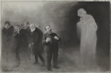 Diseño para la ilustración en De Amsterdammer: Olvido de Schimmel en la felicitación de Año Nuevo del Stadschouwburg, 13 de enero de 1907