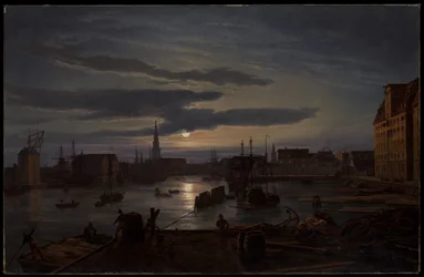 El puerto de Copenhague a la luz de la luna