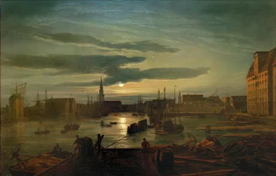 El puerto de Copenhague a la luz de la luna