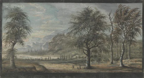 Paisaje con árboles de hoja caduca en primer plano