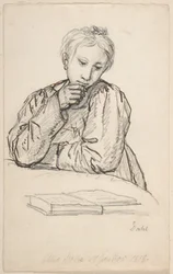 Retrato de Eline Marie Heger de niña, apoyada en una mesa, mirando un libro