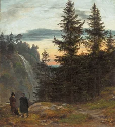 Dos hombres ante una cascada al atardecer