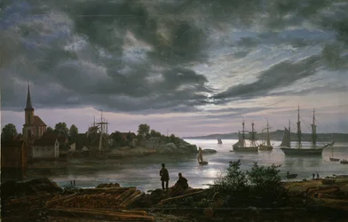 "" Vue de Larvik au clair de lune, Norvege "" Peinture de Johan Christian Clausen Dahl (1788-1857) 1839 Oslo, museo nacional de Noruega