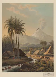 Vista de un pueblo y del volcán Semeru en Java El volcán Smroe tomado de la residencia Passa Rouang (título sobre el objeto)
