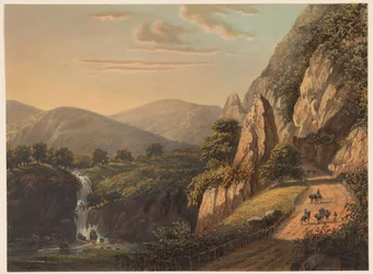 Vista de una cascada y un camino rural en Preanger en Java En Sumandán. (Regencias de Preanger.) (título sobre el objeto)