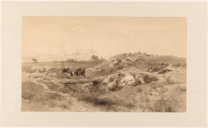 Paisaje con ganado y pastor descansando