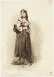 Chica de pie con una jarra a la espalda