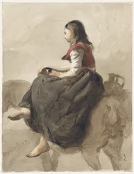 Mujer sentada sobre un caballo con dos jarras