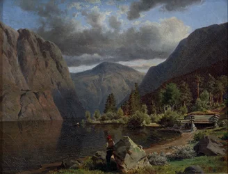 Hombre en el paisaje del fiordo