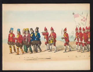 Mascarada de los estudiantes de Delft, 1857 (lámina 1) Procesión de disfraces realizada por los miembros del cuerpo de estudiantes de Delft el 5 de mayo de 1857, que representa la procesión de Garebeg del sultán de Djokjokarta y los tipos más característic