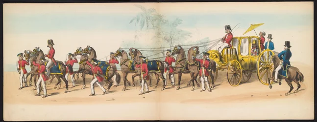 Mascarada de los estudiantes de Delft, 1857 (lámina 3) Procesión de disfraces realizada por los miembros del cuerpo de estudiantes de Delft el 5 de mayo de 1857, que representa la procesión de Garebeg del sultán de Djokjokarta y los tipos más característic
