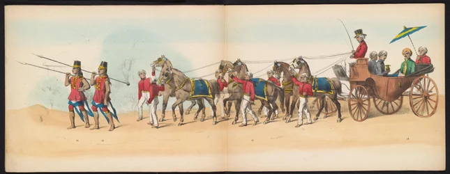 Mascarada de los estudiantes de Delft, 1857 (lámina 4) Procesión de disfraces realizada por los miembros del cuerpo de estudiantes de Delft el 5 de mayo de 1857, que representa la procesión de Garebeg del sultán de Djokjokarta y los tipos más característic
