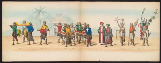 Mascarada de los estudiantes de Delft, 1857 (lámina 7) Procesión disfrazada realizada por los miembros del cuerpo de estudiantes de Delft el 5 de mayo de 1857, que representa la procesión de Garebeg del sultán de Djokjokarta y los tipos más característicos