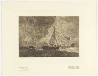 Escena de playa con barcos de vela