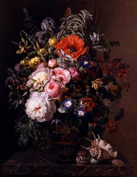 Amapolas, peonías, rosas y capuchinas en un jarrón griego. Pintura de Johan Laurentz Jensen (1800-1856) Colección particular.