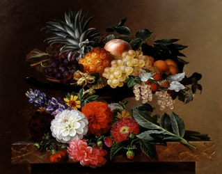 Dalias, altramuces y coreopsis en un kylix griego. Pintura de Johan Laurentz Jensen (1800-1856) Colección particular.
