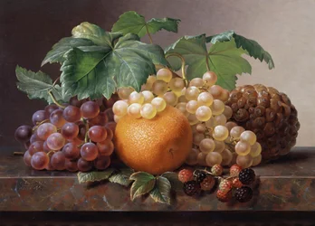 Bodegón de uvas, moras, naranja y piña. Pintura de Johan Laurentz Jensen (1800-1856) Colección particular.