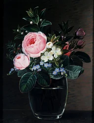 Rosas y nomeolvides en un jarrón de cristal. Pintura de Johan Laurentz Jensen (1800-1856) Colección particular.