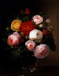 Naturaleza muerta de rosas en un jarrón de cristal. Pintura de Johan Laurentz Jensen (1800-1856 Danés) Collection privee