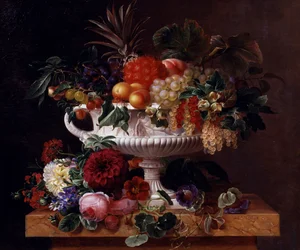 Urna clásica con grosellas, albaricoques, avellanas y grosellas negras. Pintura de Johan Laurentz Jensen (1800-1856) Colección particular.