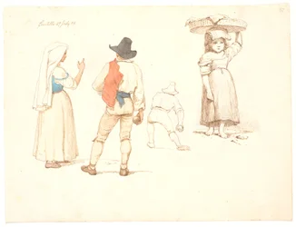 Cuatro estudios de figuras. Mujer de pie y jugador de bochas de pie, un jugador de bochas lanzando y una niña pequeña con una cesta en la cabeza
