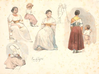Cuatro estudios de italianas, una con un niño de la mano, y un estudio de un niño, y un estudio de un barrendero
