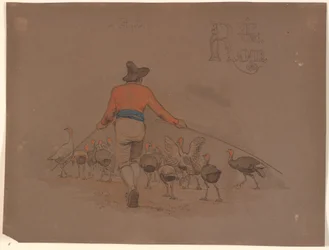 Italiano conduciendo un rebaño de pavos con varas de bambú