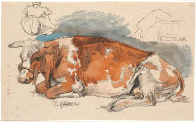 Vaca acostada. Arriba a la izquierda una campesina sentada, a la derecha un gato bebiendo de un diente de león