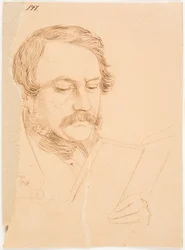 Retrato de hombre, frontal, ligeramente vuelto hacia la derecha, leyendo.