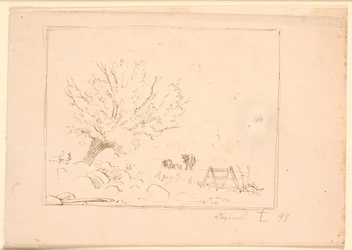 Paisaje con un sauce junto a grandes piedras, un gallo, un arado y tres vacas