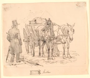 El caballo del basurero. Dibujo de un carro de basura. Ilustración para "Fábulas para niños" de Kaalund. Ver comentario del catálogo de archivos.