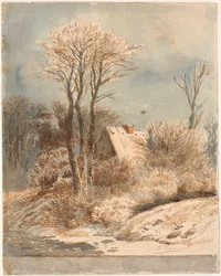 Paisaje nevado con casa entre árboles