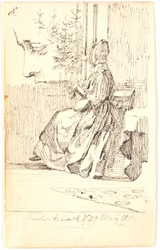 Dama tejiendo (¿madre de Lundbye?) junto a una ventana con vistas a abetos, y estudio de perfil