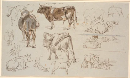 Hoja de estudio de Vognserup. Estudios de vacas, toros y terneros. A la derecha, dos estudios de paisajes, el superior con vacas acostadas, el inferior con escena de ordeño